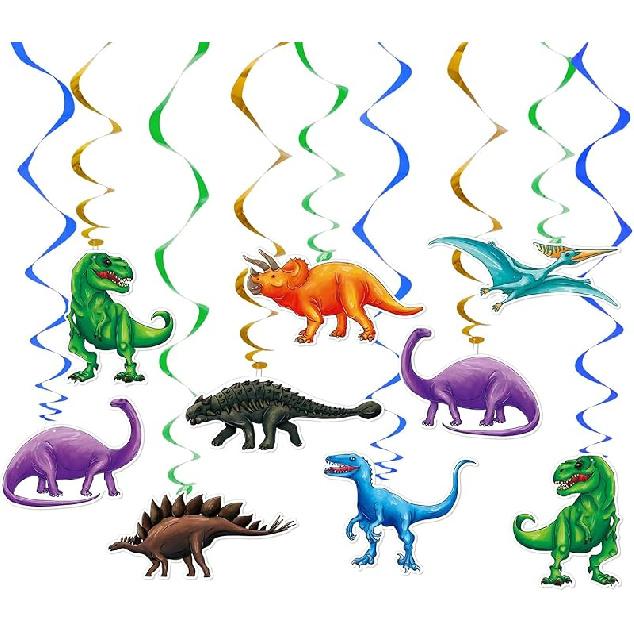 WERNNSAI Watercolor Dinosaur Party Hanging Swirl - 24Pcs Dinosaur Party Decorations for Girls Kids Birthday Baby Shower Foil Whirls Ceiling Streamers