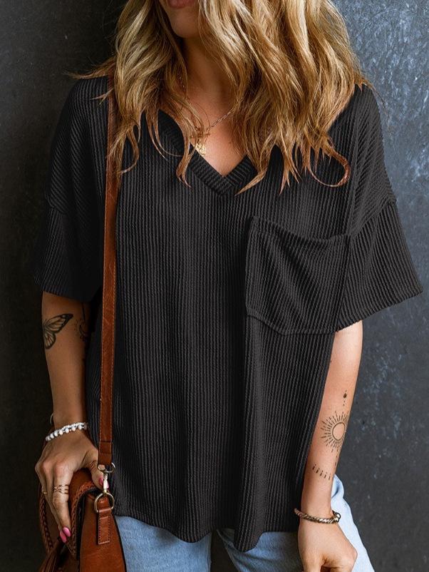 2026 Spring/Summer European American Fashion Two-tone Twist Elastic Crew Neck Short Sleeve V-neck Women s Top Small