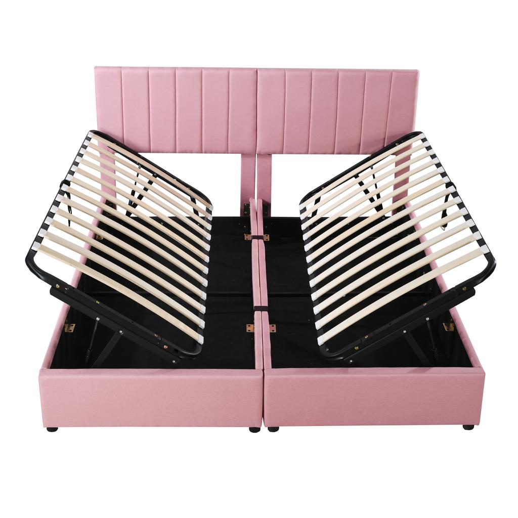 Upholstered Bed 180x200 cm, Hydraulic Storage Bed, Skin-Friendly Linen High Box Bed, Multifunctional Double Bed, Pink