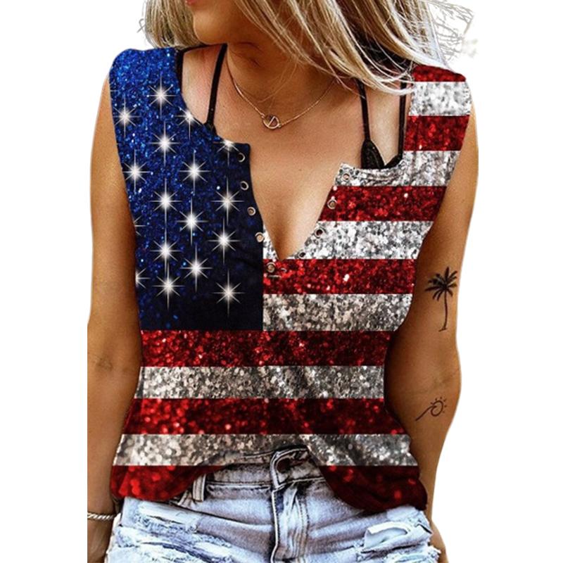 

Женские майки, сексуальные летние топы без рукавов с V-образным вырезом, жилет с 3D принтом, блестящие топы в полоску со звездами