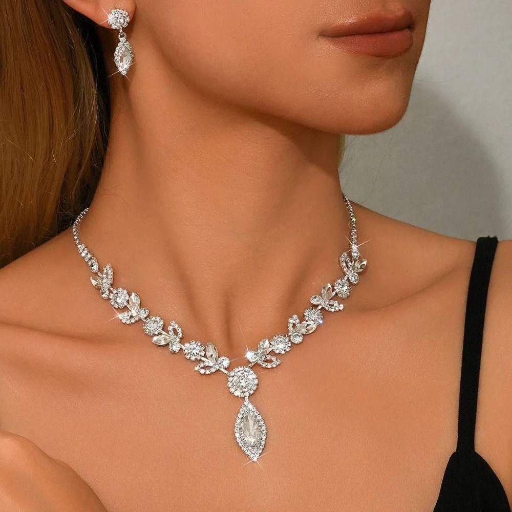 Rhombus Necklace Earrings Three-piece Set Fringed Luxury Rhinestone Jewelry Wedding
