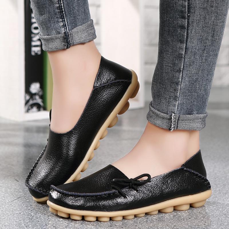 New Moccasins Women Flats Autumn Woman Loafers Genuine Leather Female Shoes Slip On Ballet Bowtie Women's Shoes Big Size
