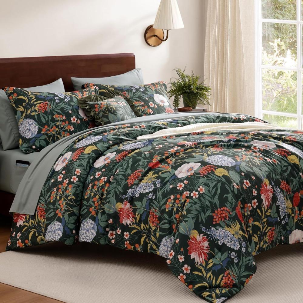 Green Botanical Floral King Comforter Set - 7-Piece Bedding Ensemble with Flower Print for King Bed