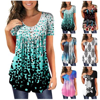 Túnica feminina de manga curta solta tops casuais plus size túnica plissada camisetas com botões