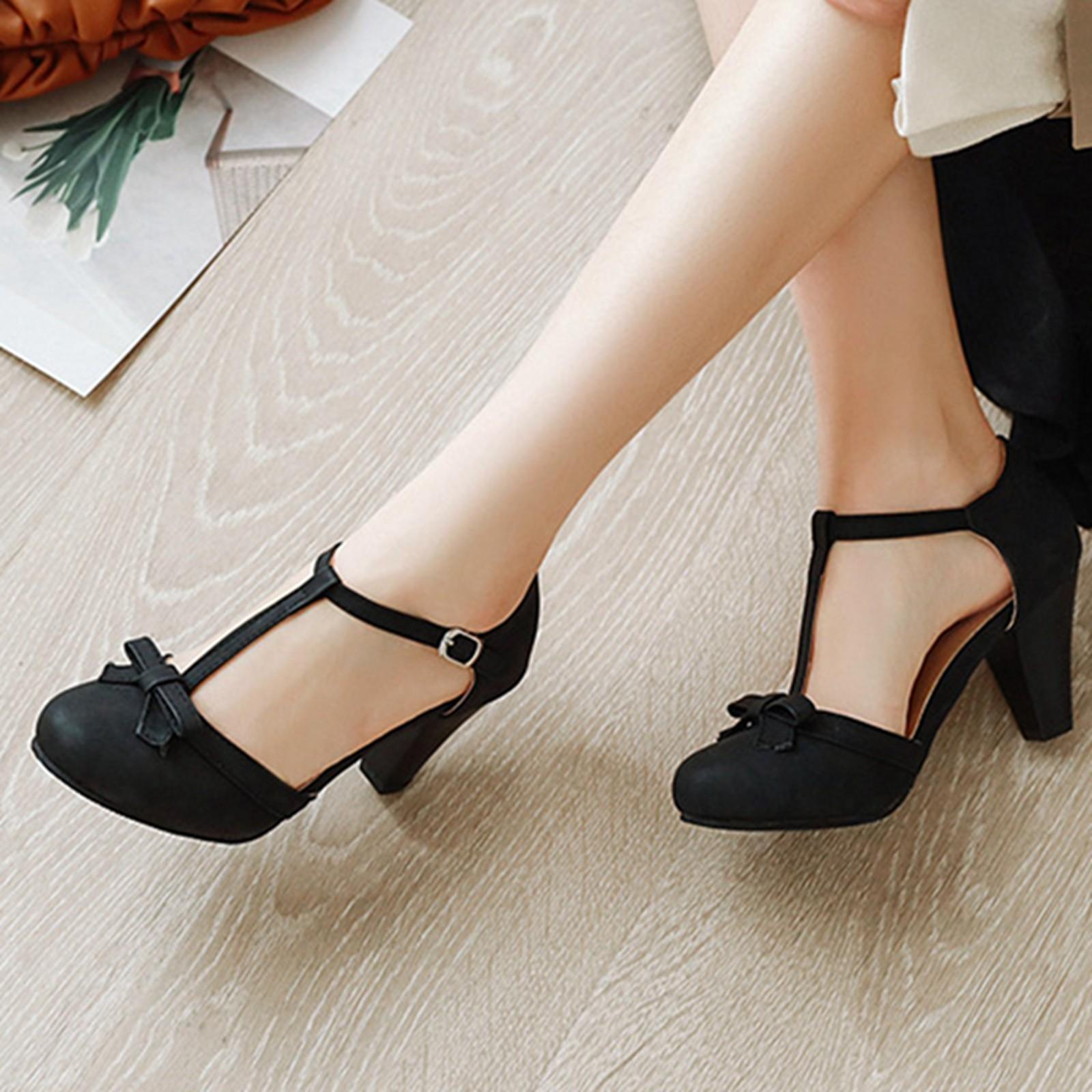 Women s Square Heeled Single Shoes Fashion Casual Belt Buckle Bow Ladies Sandals 39 чёрный