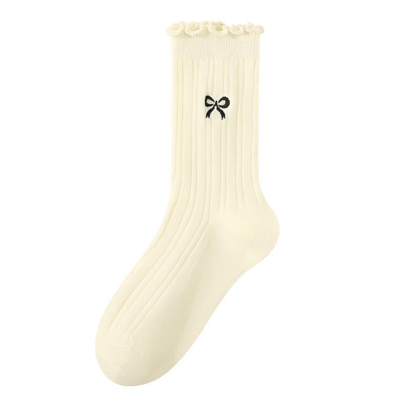 Women s Bow Embroidered Mid-Calf Cotton Socks 2026 One Size белый