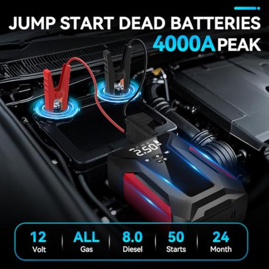 Jump Starter with Air Compressor4000A Portable Car Battery Jump Starter 10L Gas/8.5L Diesel 12V Battery Charger Booster 150PSI