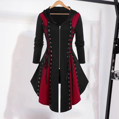 Women Cosplay Dress Gothic Color Matching Lace-up Strap Irregular Hem Hooded Long Sleeves Zipper Closure Festival Halloween Midi Dress