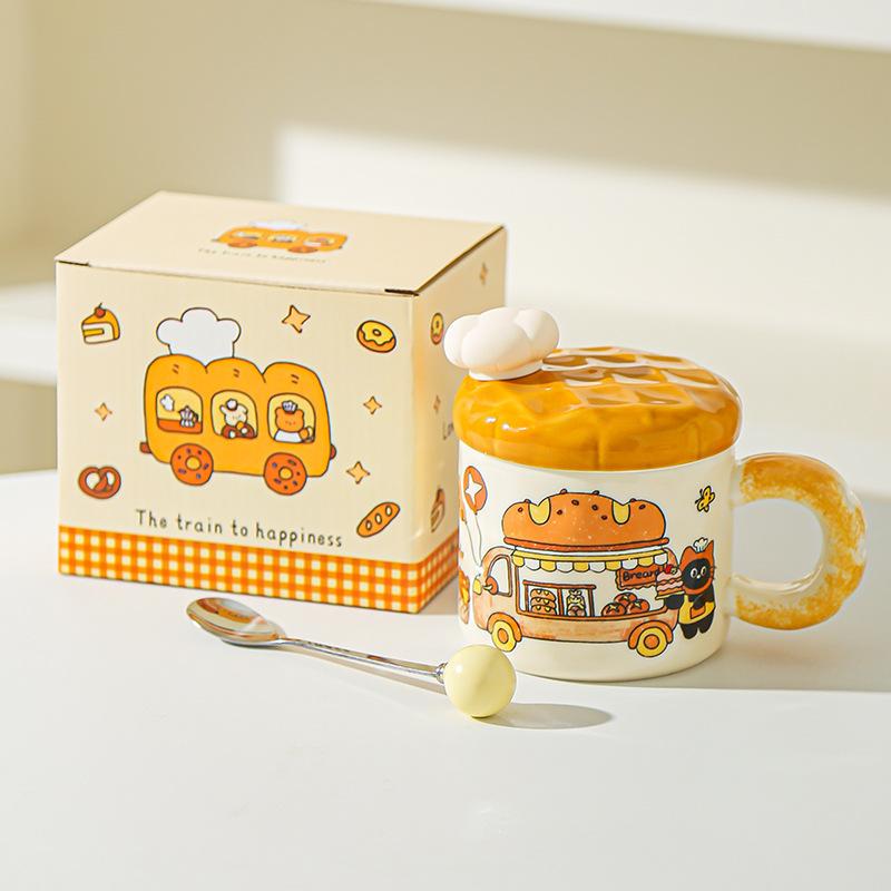 Korean Creative Bread Mug Cartoon Cat Ceramic Cup with Lid Household Water Cup Birthday Gift Souvenir