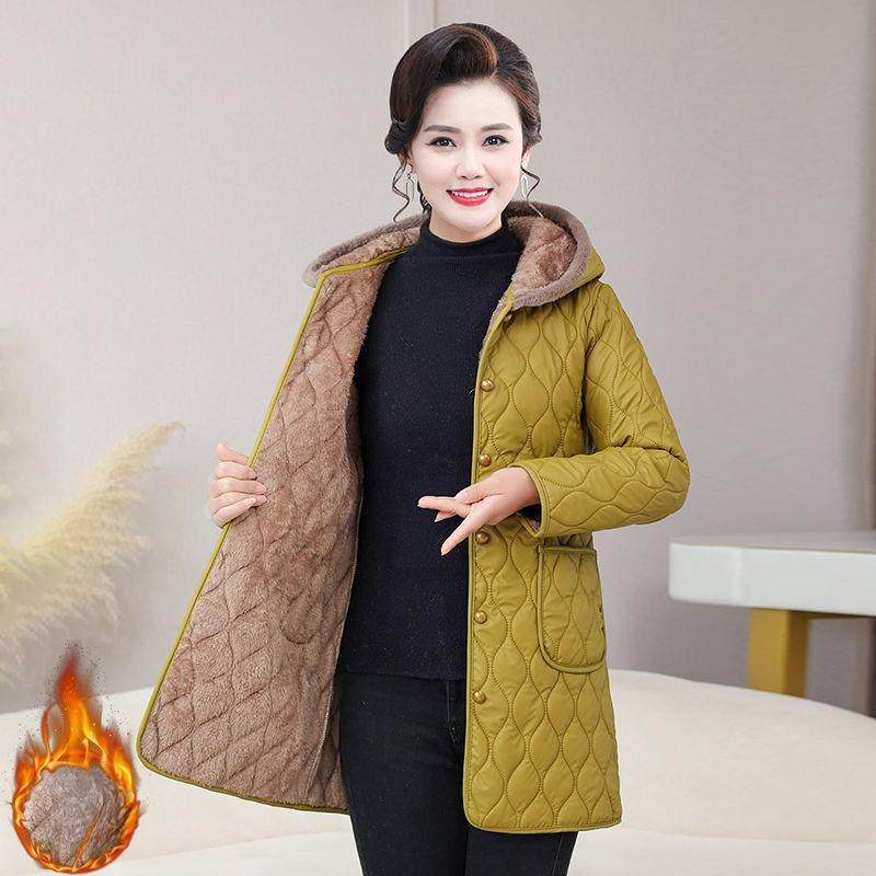 Geacă de lungime medie călduroasă pentru mamă, iarnă, stil occidental, plus catifea groasă, cu glugă, modă, geacă pentru vârsta mijlocie, geacă călduroasă