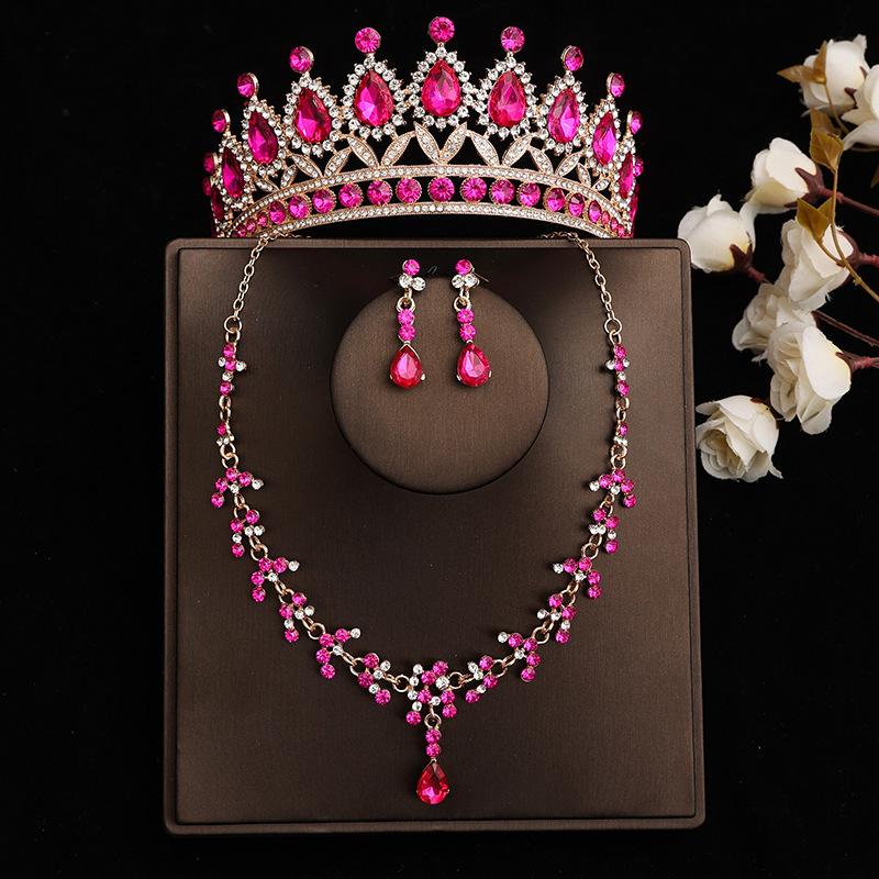 DIEZI Princess Bridal Rose Red Crystal Crown Tiara Women Girls Wedding Party Rhinestone Tiaras Necklace Earrings Jewelry Sets