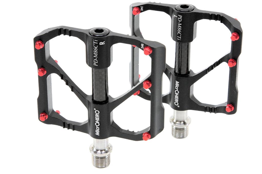 MicrOHERO Ultra Light Titanium Alloy Shaft 3 Sealed Bearing Compact Pedals Carbon Road Bike Flat Pedals Bike/Mountain Black/Red (PD-M86CTi 220g)