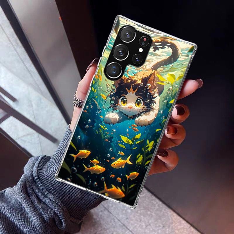Cartoon Cute Cat Fish Aesthetic Phone Case For Samsung Galaxy S26 S25 Edge S24 S23 Ultra S22 Plus S21 S20 FE Soft TPU Back Cover