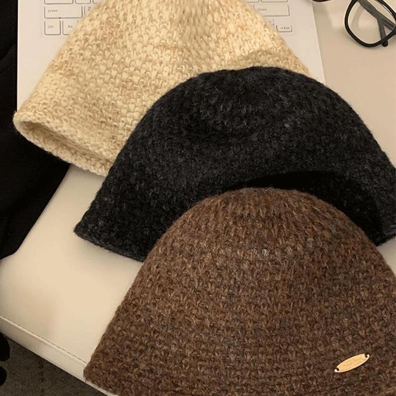 Brown Knitted Bucket Hat Women's New Autumn and Winter Ear Protector Basin Hat Wool Bucket Hat