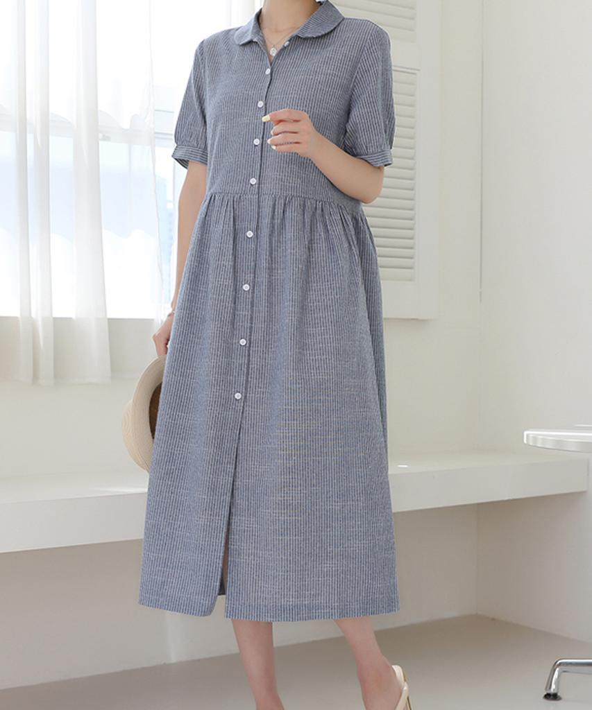 Ppaeppae Striped Collared Linen Long Dress