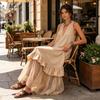 Vestido Largo de Verano sin Mangas para Mujer, Vestido Largo de Malla con Retazos y Escote en V Profundo, Vestido de Playa con Volantes de Línea A, Fluido