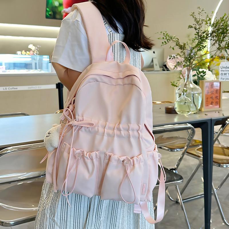 Schoolbag Student Schoolbag Pleated Bag Female Travel Lightweight Cute Bow Schoolbag Junior High School Girls College Student Backpack