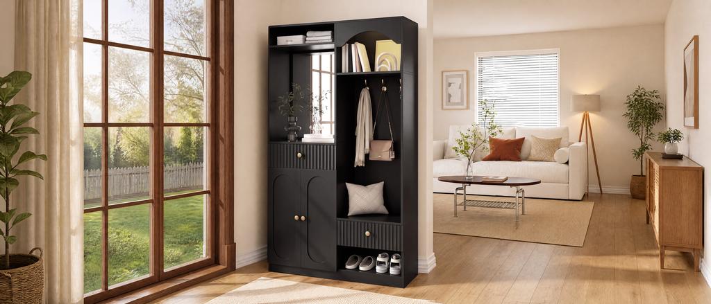 Kompakter Flurschrank mit Spiegel und Bank, Flurschrank mit Schuhschrank und Haken, Flurmöbel-Set, LED-Streifen mit einstellbarer Farbe