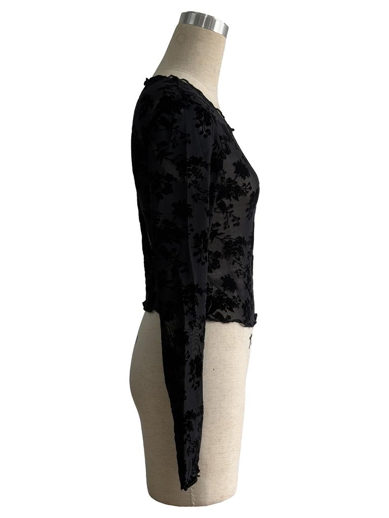 Ins Women's Black Sexy Mesh Round Neck Long Sleeve T Shirt Top Women Fashion Daily Basic Office Lady Casual Slim Fit Ladies Elegant Long Sleeve Top