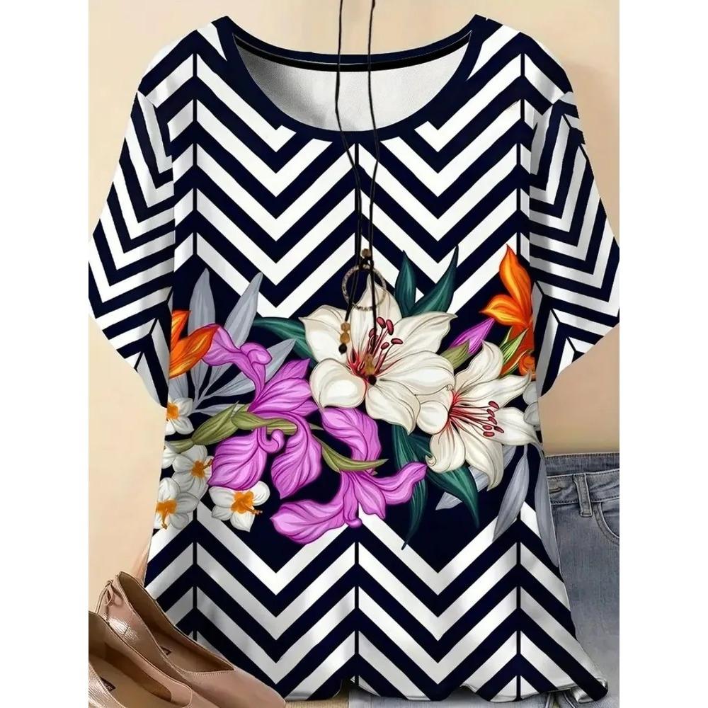 Summer Womens Retro Flower Pattern 3D Printed Color T-shirt Loose Comfortable Soft Breathable Large Size Fashion O-neck T-shirt