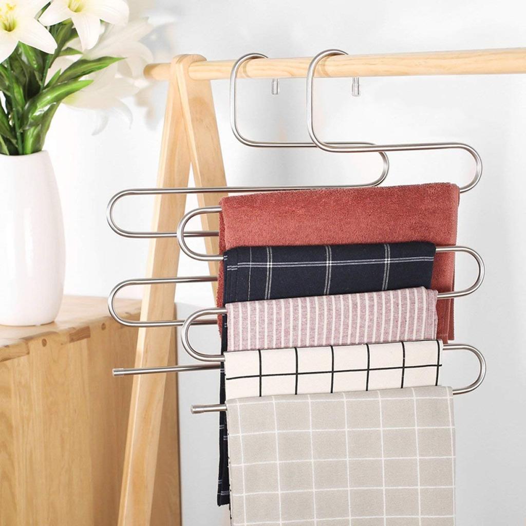 S Shape 5 Layer Pants Hanger Stainless Steel Space Saving Trousers Jeans Ties Wardrobe Organizer