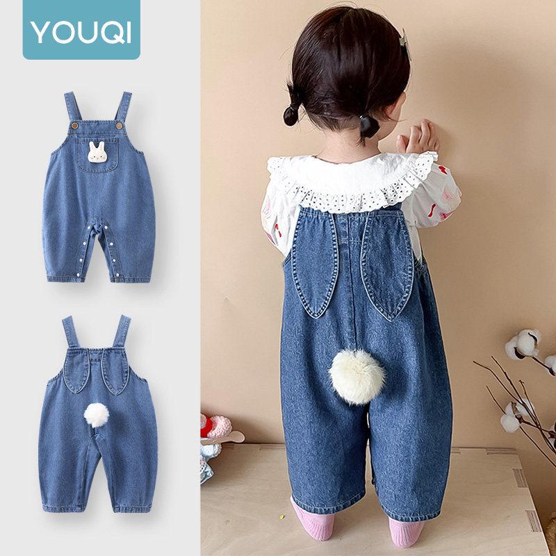 Youqi Autumn 2025 Denim Baby Girl Pants Set: Two-Piece Outdoor Wear