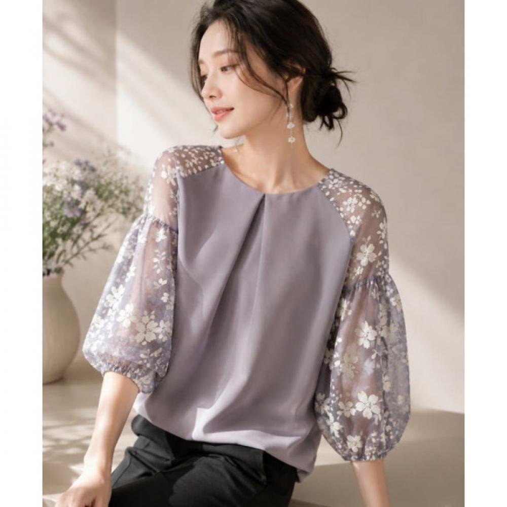 Rellawear Bloom Flower Sheer Volume Sleeve Blouse