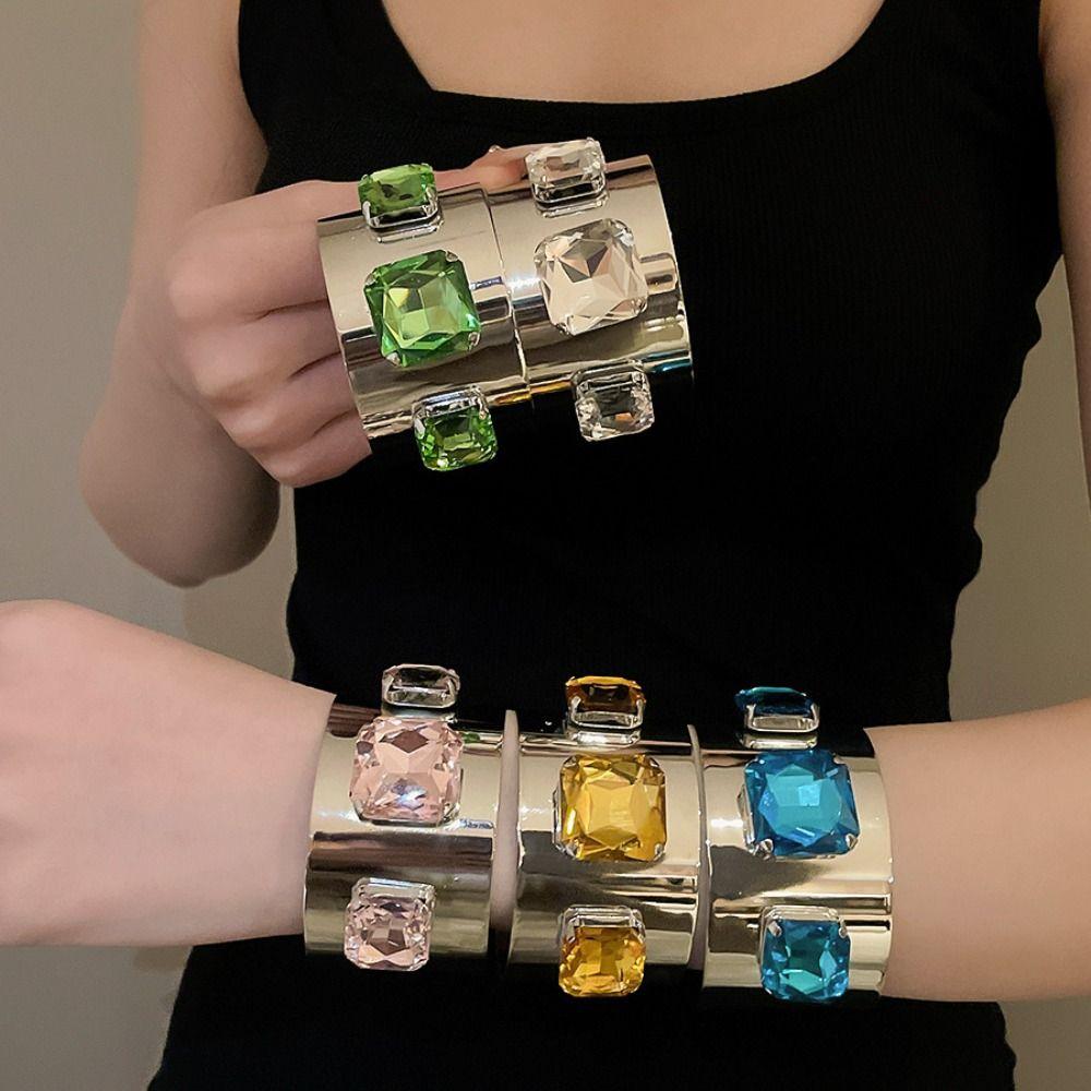 Rhinestone Wide Cuff Bracelet Glossy Metal Open Bangle New Statement Bracelet Daily Wear