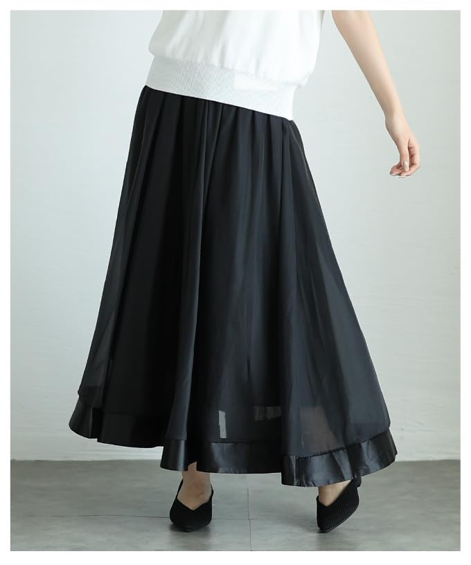 [sawa Á La Mode] Sheer Veil Beautiful Ribbon Tape Hem Organza Flare Skirt Women's Fashion Bottoms Skirt Adult Cute Mode-9929 Free Size Black