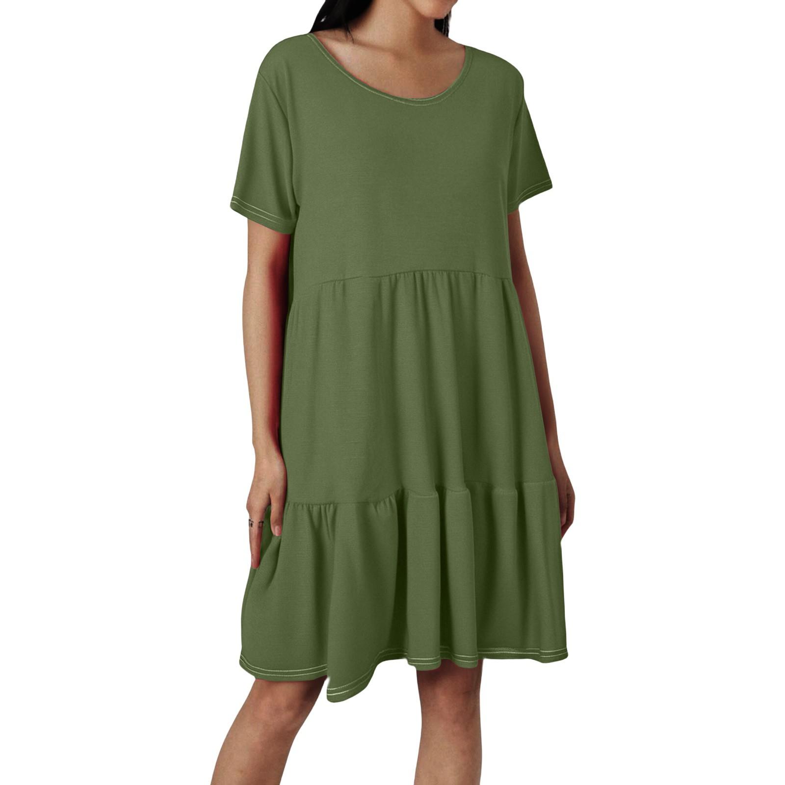 

Женские модные повседневные платья с круглым вырезом и коротким рукавом с оборками L армия зеленый