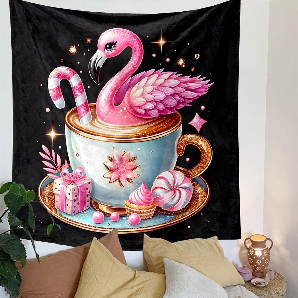 Pink Flamingo in Coffee Cup Fantasy Patterned Tapestry Decorative Wall Hanging, Home Bedroom Living Room Decor