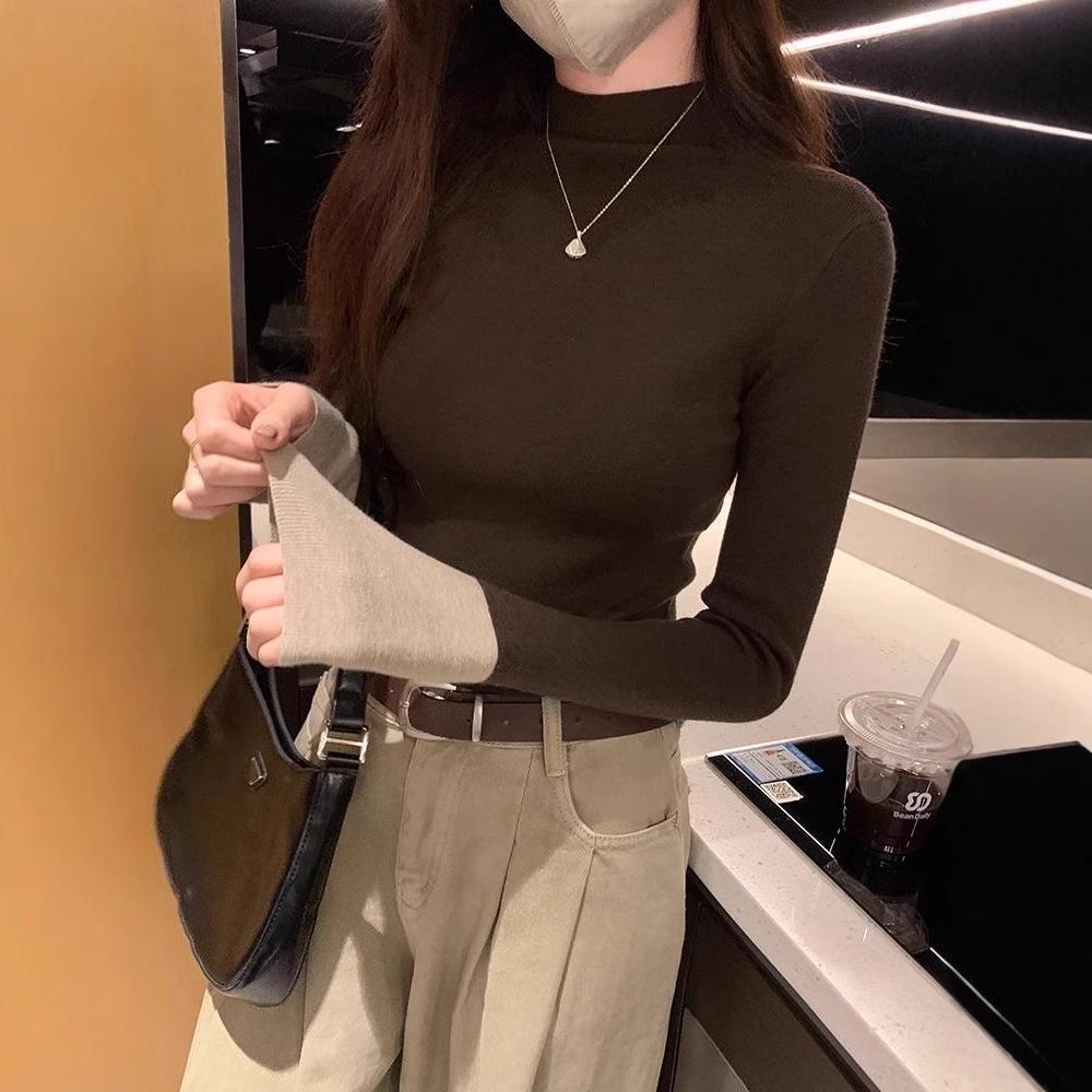 Korean Color Block Slim Fit Women's Knitwear - Autumn/Winter Long Sleeve Semi-High Neck Sweater