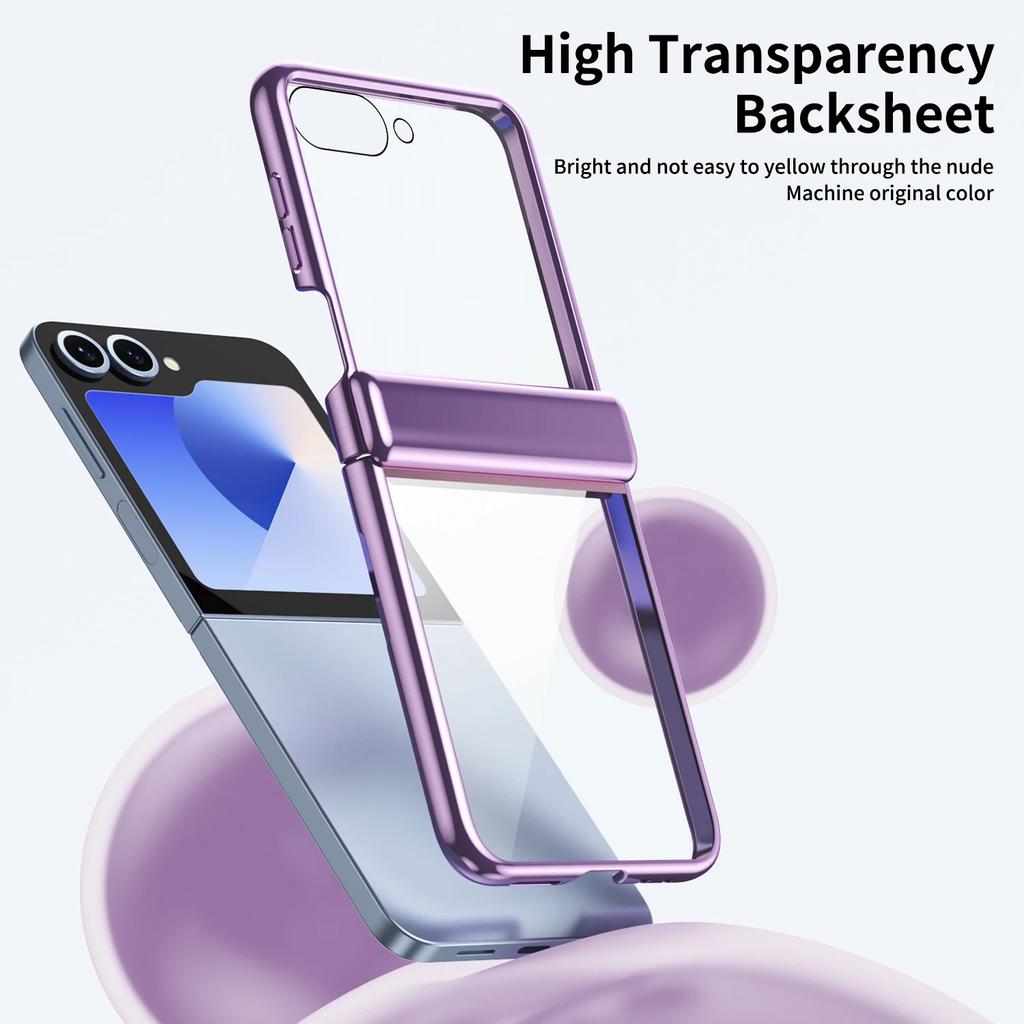 Electroplated Transparent Phone Case for Samsung Galaxy Z Flip 7 Fe 6 5 4 with Hinge Protection and Tempered Film Cover