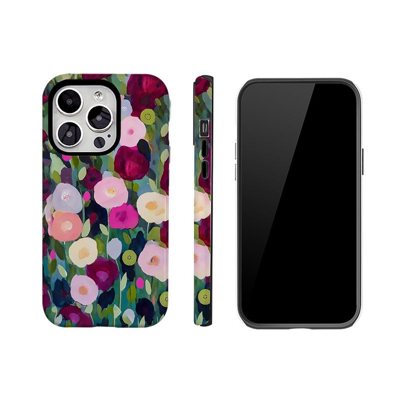 Coque de téléphone à motif floral peint à l'huile pour Apple 14-16, style coréen, et ensemble 2-en-1 pour 15 Pro Max.