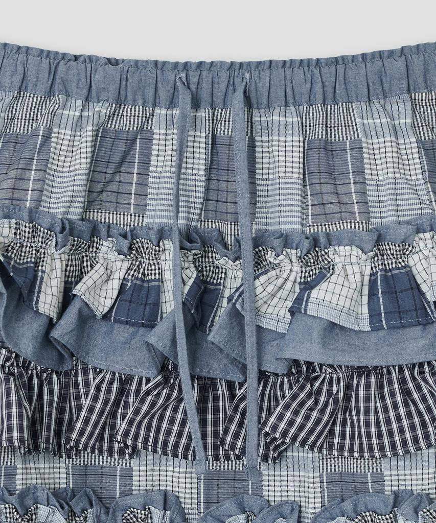Taibseobiseu Mixed Fabric Tiered Skirt [Blue]