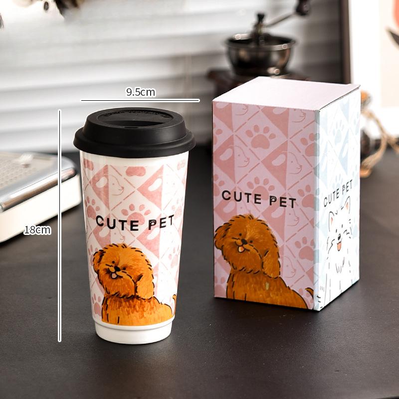 Kitten and Puppy Cup High Cup Milk Tea Cup with Lid Ceramic Souvenir Girl Couple Coffee Cup Student Water Cup
