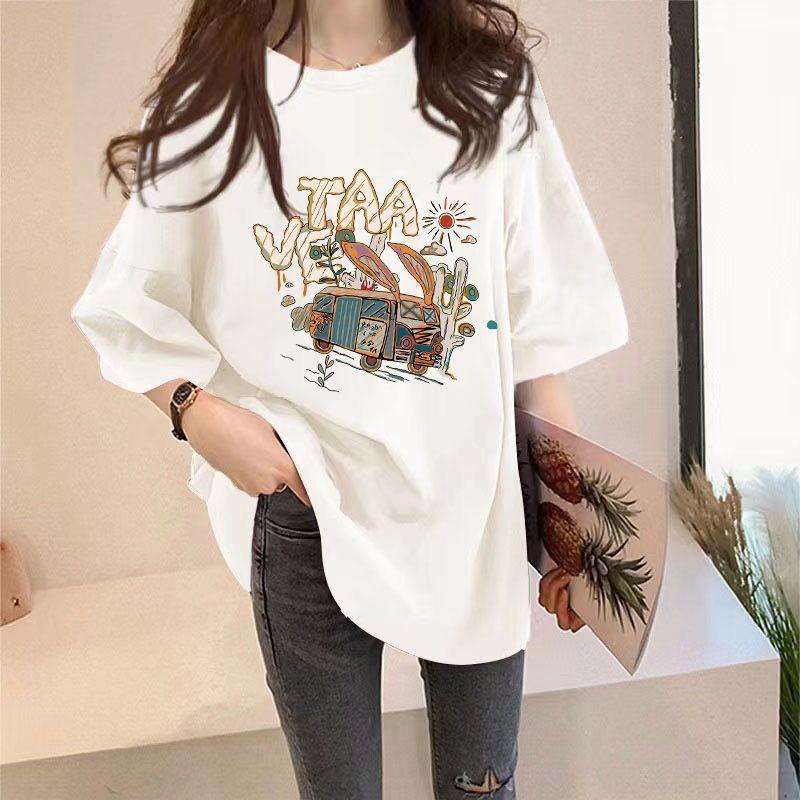 Damen Rundhals Kurzarm T-Shirt Lockerer Schnitt Cartoon Bus Buchstaben Aufdruck T-Shirt Große Größen Sommer Freizeit Oberteil