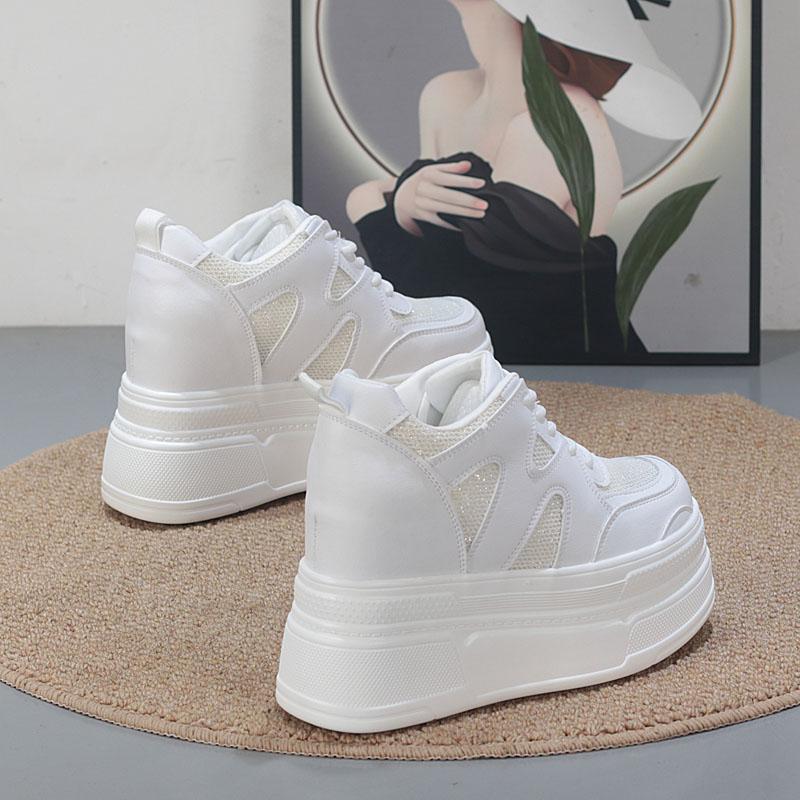Fashion 10CM Air Mesh Genuine Leather Shoes Platform Wedge Skate Boarding High Brand Heels Casual Women Vulcanized Summer Shoes