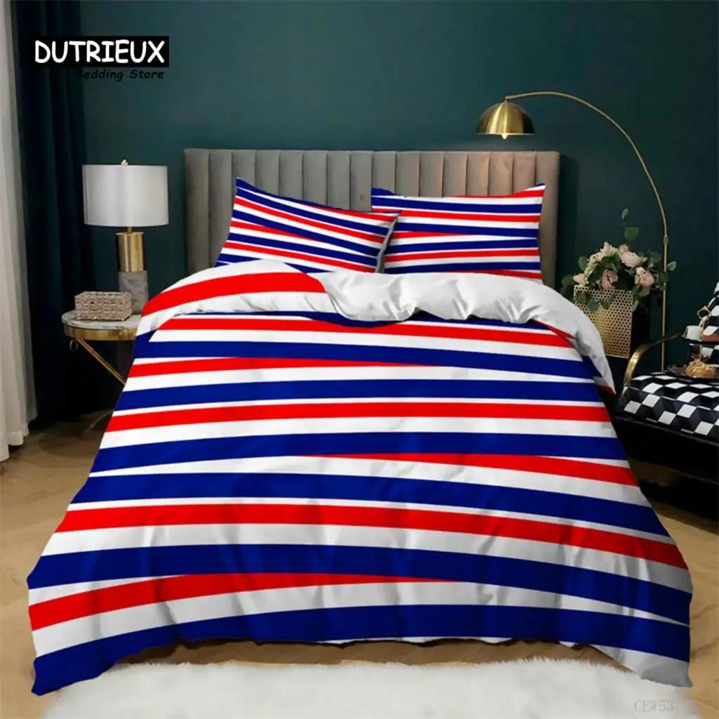 National Flag Bedding Set Queen Size Microfiber Geometric Stripe American Flag Print Duvet Cover With Pillowcases Bedroom Decor