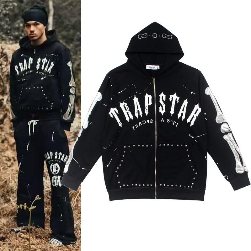 American Streetwear Trapstar X OM Hoodie Embroidered Bones Rhinestone Details Zip-Up Womens Casual Sweatshirt