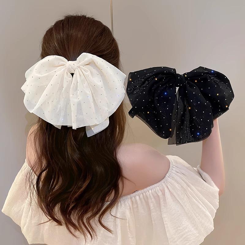 Elegant Temperament Mesh Hair Clip for Woman Rhinestone Large Bow Hairpin Fashion Girl Duckbill Clip