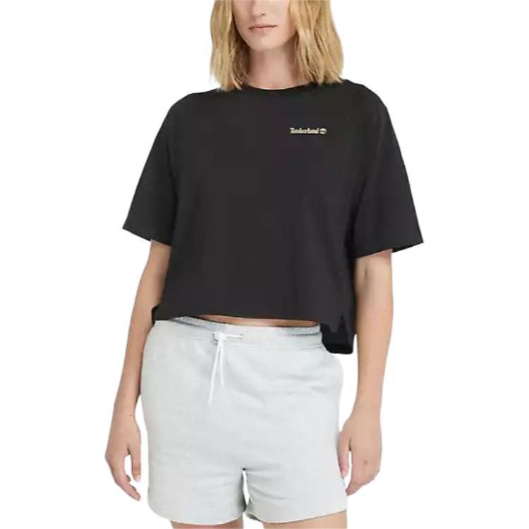 Timberland Logo Print Short Sleeve Raglan Neck Loose T-Shirt Women Tops Black A5VBY001