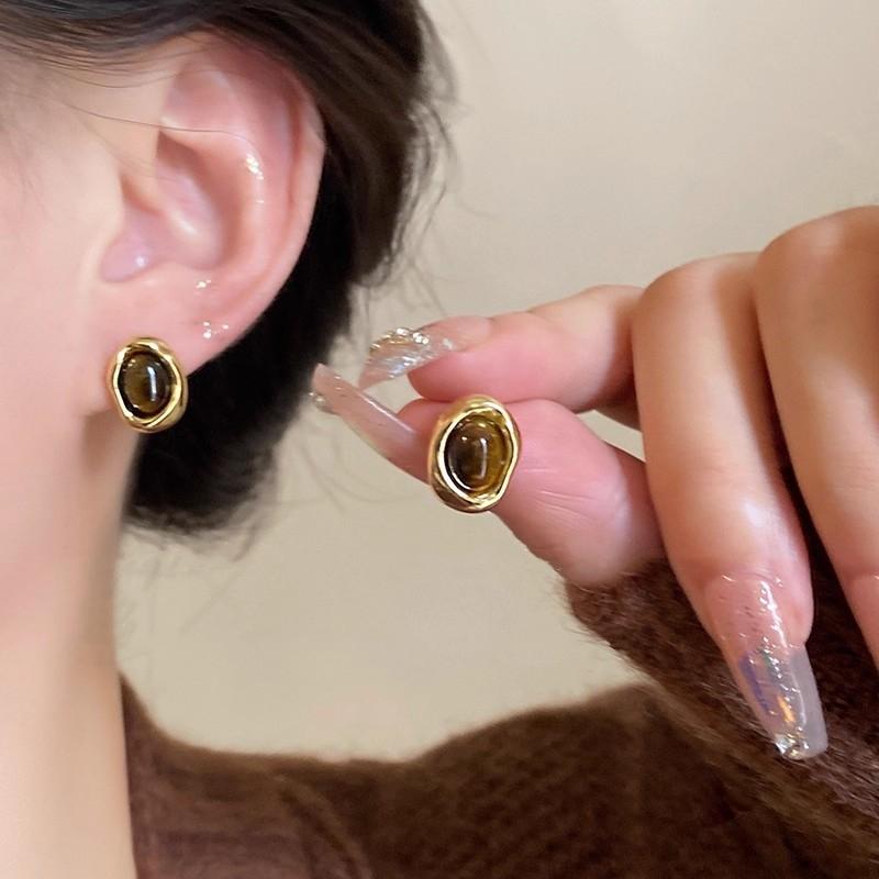 Maillard Design Minimalist Round Tiger Eye Stone Pendant Stud Earrings for Gothic Girls New Accessories Fashion Jewelry