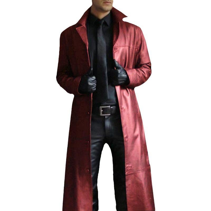 Mens Oversized Longline PU Leather Trench Coat Winter Casual Slim Fit Notched Collar Jacket