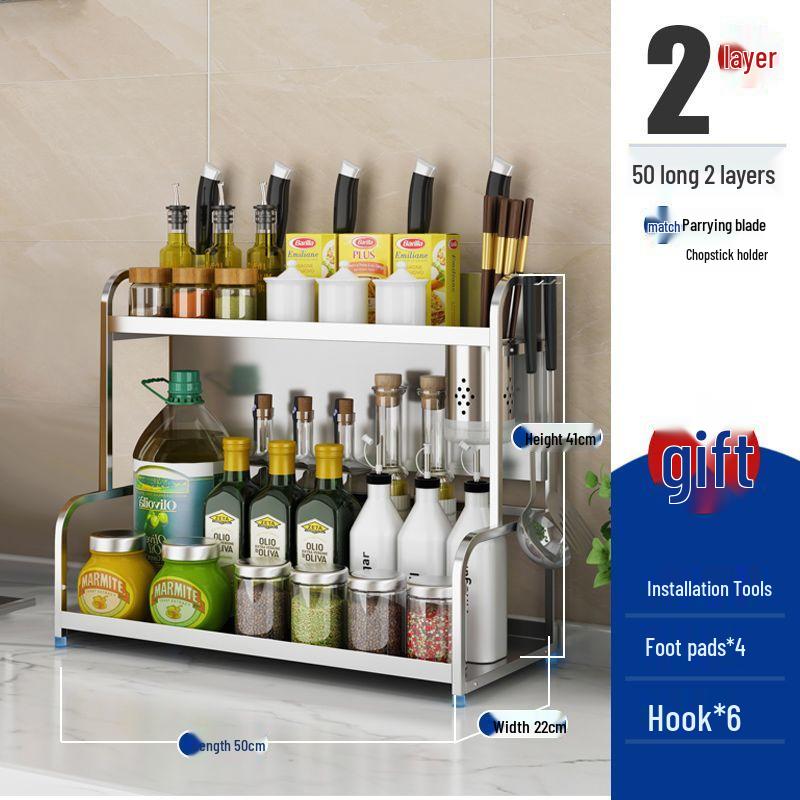 Stainless Steel Multi-layer Kitchen Rack: Spice, Knife Holder & Storage