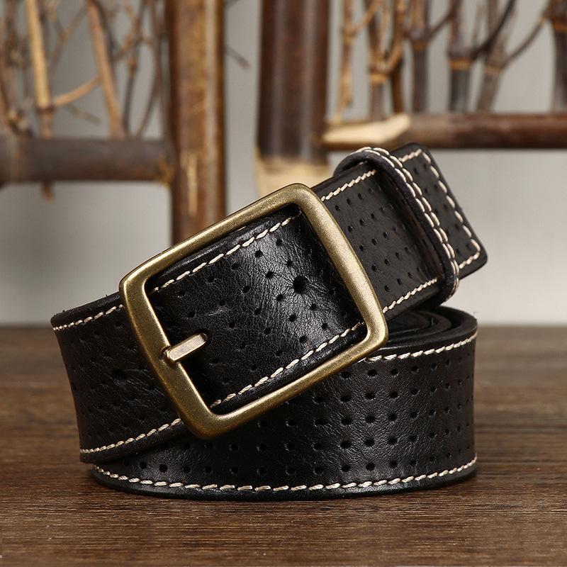 Belt Men's Retro Casual Cool Trendy All-Matching Hollow First Layer Cowhide Pin Buckle Genuine Leather Jeans Belt Men's