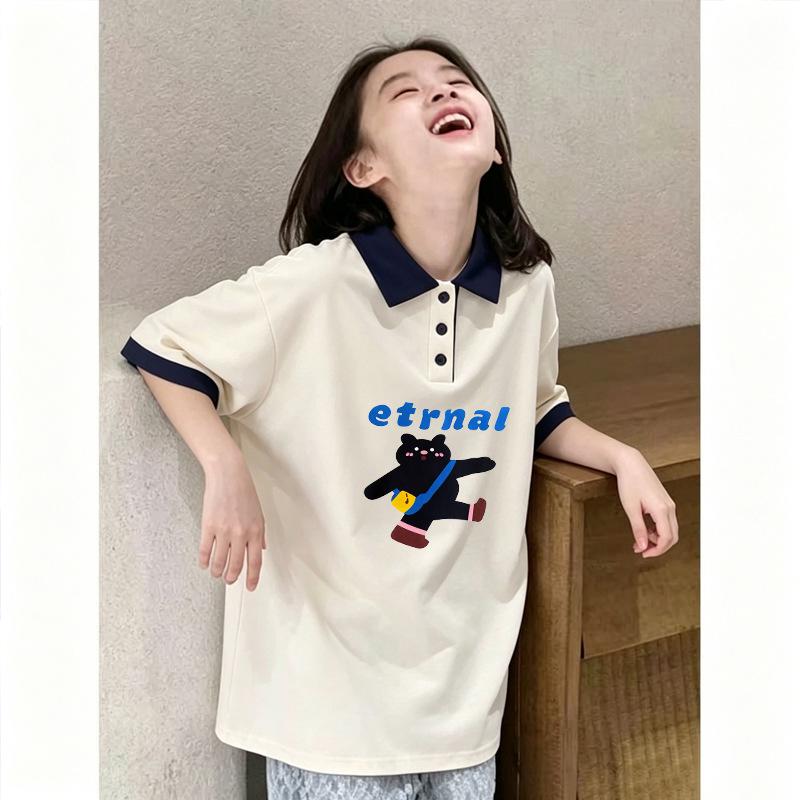 Girls' Summer Pure Cotton Polo Shirt - Sweet Lapel Short Sleeve Top for Medium and Large Children