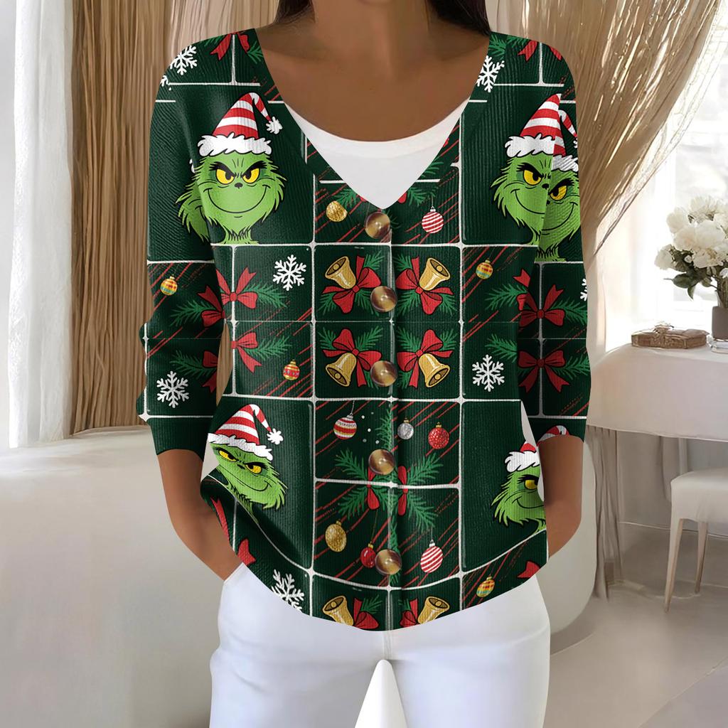 Women's Fashion Long Sleeve Christmas Snowman Snowflake Print Jacket Cardigan