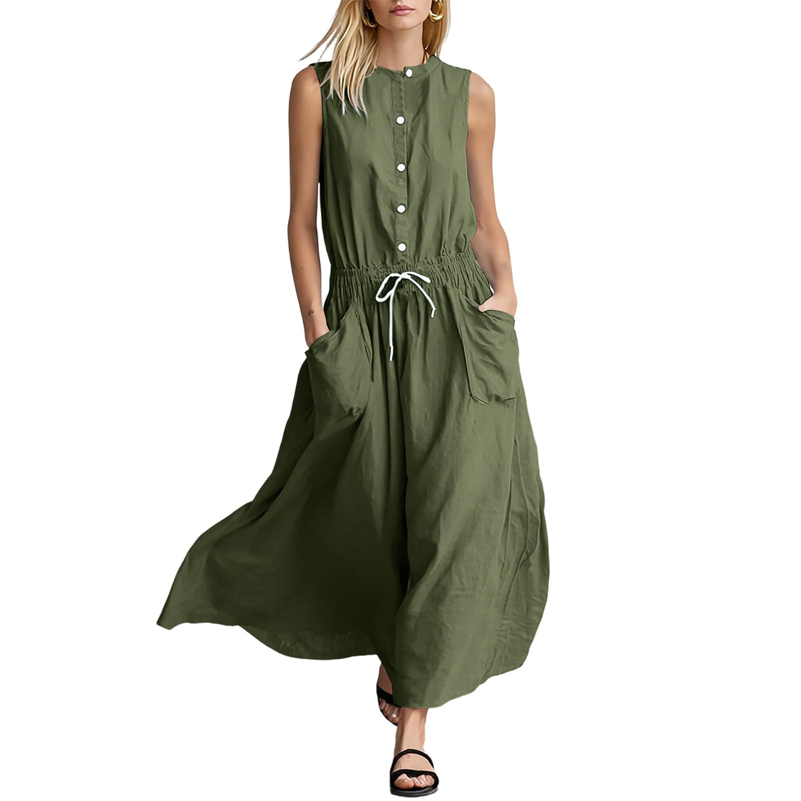 

Women s Summer Fashion Round Neck Drawstring Belt Pocket Button Bohemian Vacation Beach Dress L армия зеленый