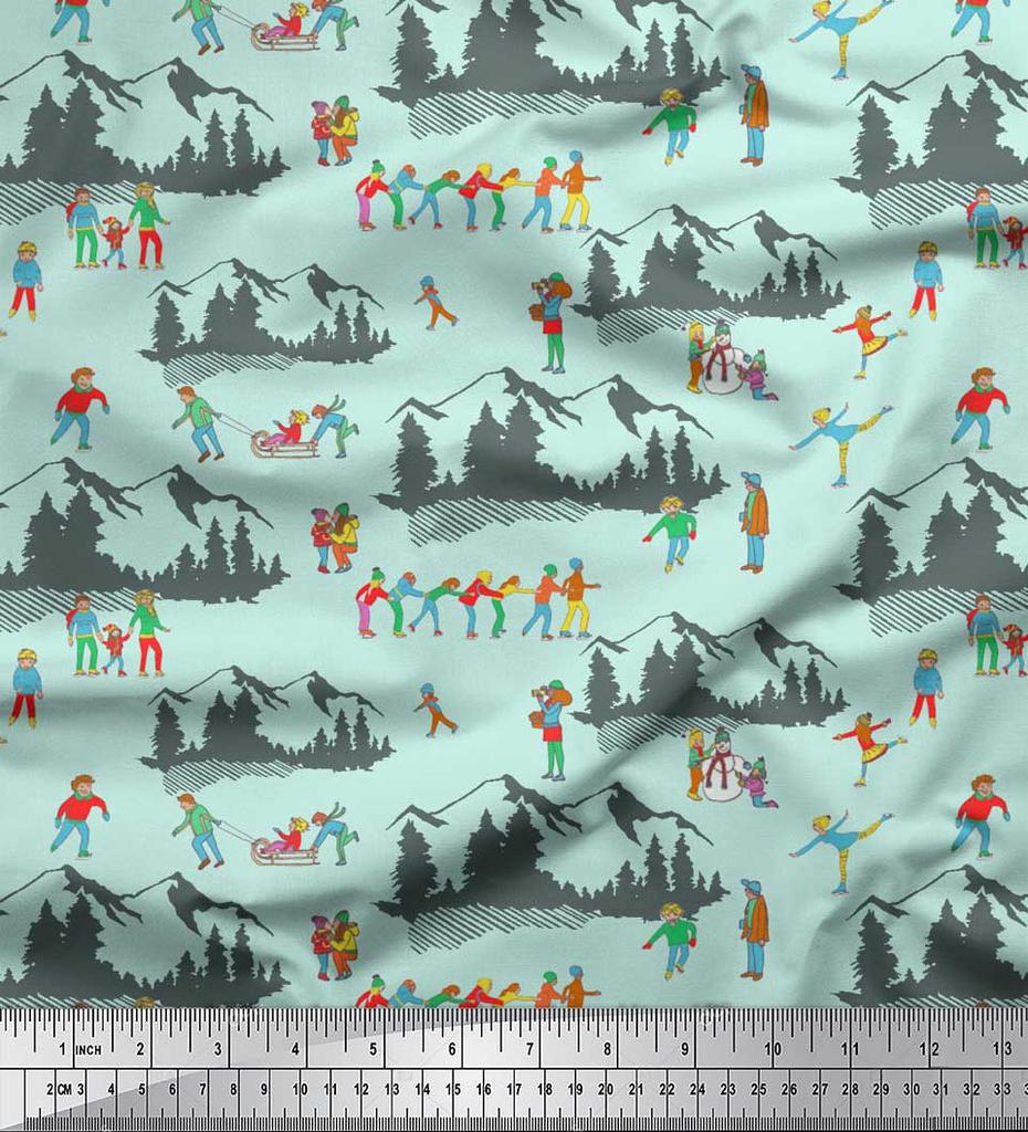 Soimoi Šedá japonská krepová saténová látka Lidé, Sáně a Hory Sváteční dekorační látka Tištěný metr 42 palců